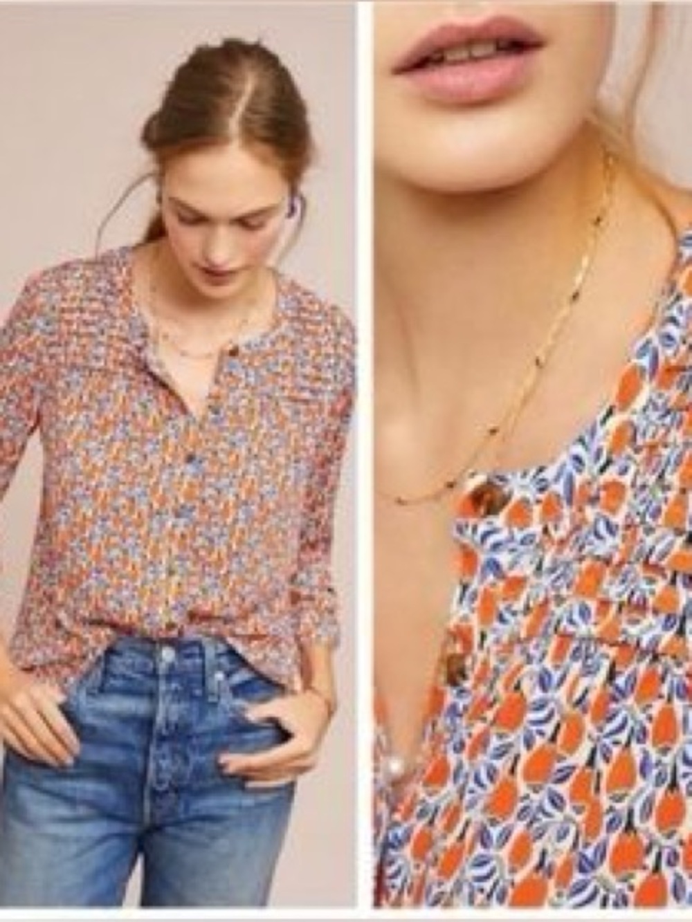 Anthropologie Maeve Berwick Bell Sleeve Maracas Print Blouse Medium Orange - Picture 2 of 14